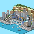 Urban Waterfront Cityscape Featuring Tall Modern Buildings and Moored Yachts