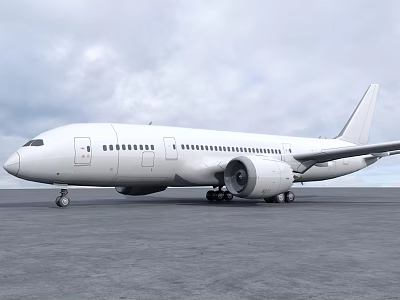 White Commercial Passenger Airliner Parked On Runway Against Cloudy Sky With Large Engine And Wing 3d model