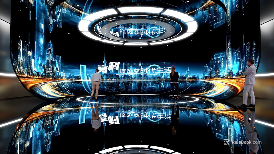 Futuristic Technology Exhibition Hall With Interactive Displays Circular LED Lights And Urban Backdrop 3d model 