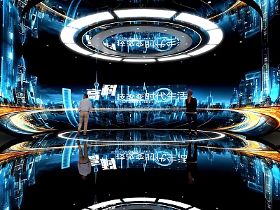 Futuristic Technology Exhibition Hall With Interactive Displays Circular LED Lights And Urban Backdrop 3d model
