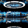 Futuristic Technology Exhibition Hall With Interactive Displays Circular LED Lights And Urban Backdrop 3d model
