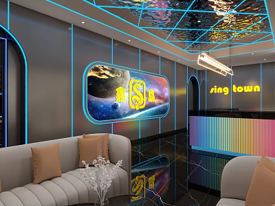 Modern KTV Interior With Neon Lights Sofas And Art Decor 3d model