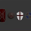 Medieval Shield Collection With Red Wooden Metal Strips Brown Circular White Red Cross Blue Silver Patterns