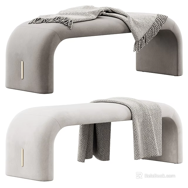 Modern Light Gray Upholstered Bench With Curved Legs And Woven Blanket 3d model 