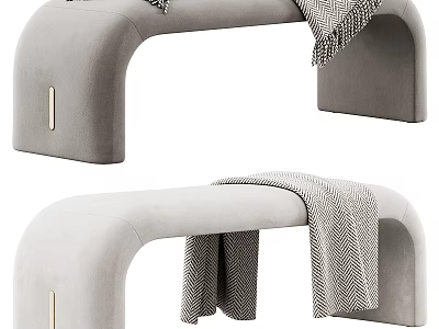 Modern Light Gray Upholstered Bench With Curved Legs And Woven Blanket 3d model