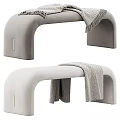 Modern Light Gray Upholstered Bench With Curved Legs And Woven Blanket