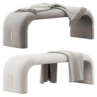Modern Light Gray Upholstered Bench With Curved Legs And Woven Blanket 3d model