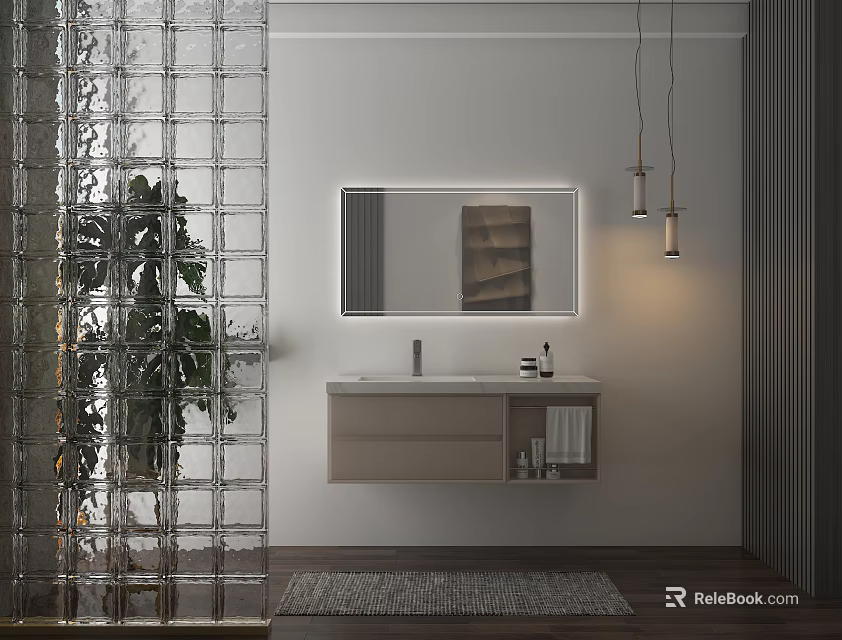 Modern Bathroom Washbasin with Illuminated Mirror Hanging Lights Glass Partition and Potted Plant 3d model 