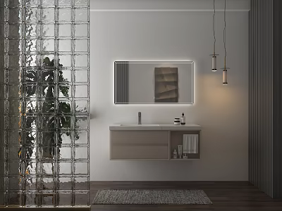 Modern Bathroom Washbasin with Illuminated Mirror Hanging Lights Glass Partition and Potted Plant 3d model