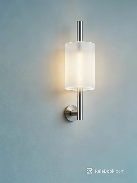 Modern Wall Lamp With White Cylindrical Lampshade And Silver Bracket On Light Blue Wall 3d model 