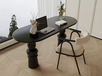 Modern Black Desk And White Chair Set With Laptop Flowers Decorative Item And Book 3d model