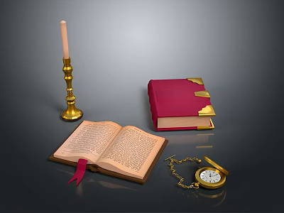 Vintage Decorative Household Items Including Candle Holder Open Book Leather Book And Pocket Watch 3d model