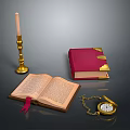 Vintage Decorative Household Items Including Candle Holder Open Book Leather Book And Pocket Watch
