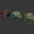 Three Tactical Military Helmets With Camouflage Patterns And Protective Visors