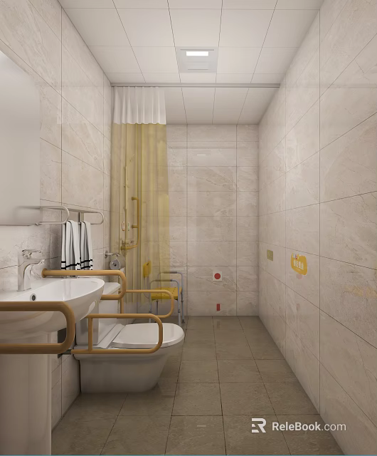 Public Restroom Interior Design With Sink Toilet Handrails Tiled Walls And Yellow Curtains 3d model 