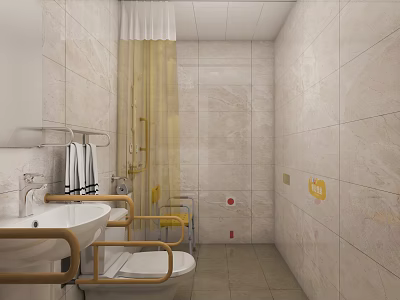 Public Restroom Interior Design With Sink Toilet Handrails Tiled Walls And Yellow Curtains 3d model