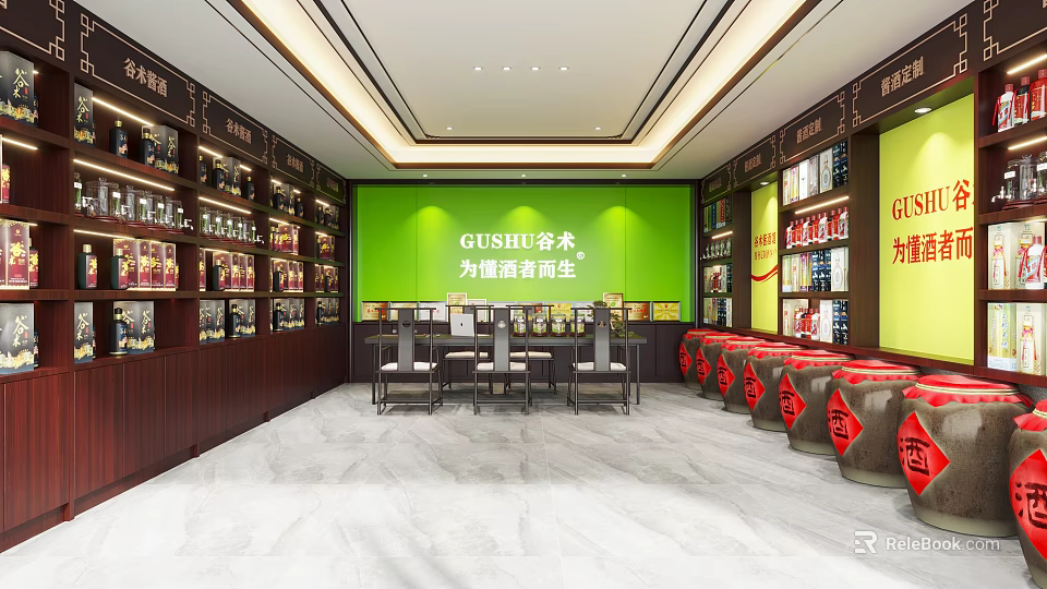 GUSHI Healthy Food Shop Interior With Green Wall Product Shelves Tables And Red Barrels 3d model 