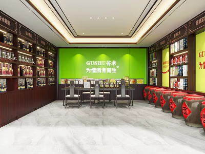GUSHI Healthy Food Shop Interior With Green Wall Product Shelves Tables And Red Barrels 3d model