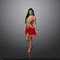 Woman In Red Dress With White Embroidery Long Hair And Red High Heels On Gray Background