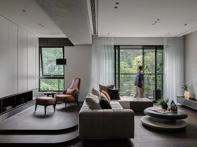 Modern Cozy Living Room With Comfortable Sofas And Large Window Overlooking Lush Outdoor Green Scenery 3d model