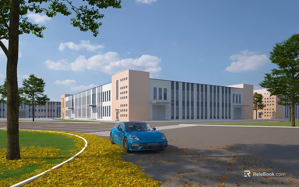 Modern Industrial Factory Building Exterior With Large Glass Windows Greenery And Blue Car On Roadway 3d model 