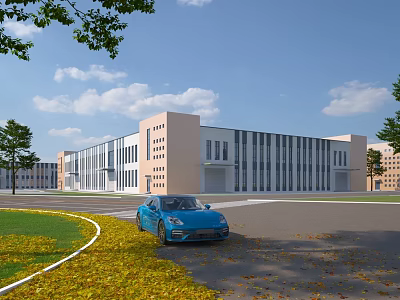 Modern Industrial Factory Building Exterior With Large Glass Windows Greenery And Blue Car On Roadway 3d model