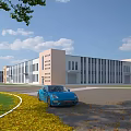 Modern Industrial Factory Building Exterior With Large Glass Windows Greenery And Blue Car On Roadway