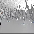 Tilted Silver Metal Poles In Gray Room With People Taking Photos And Standing