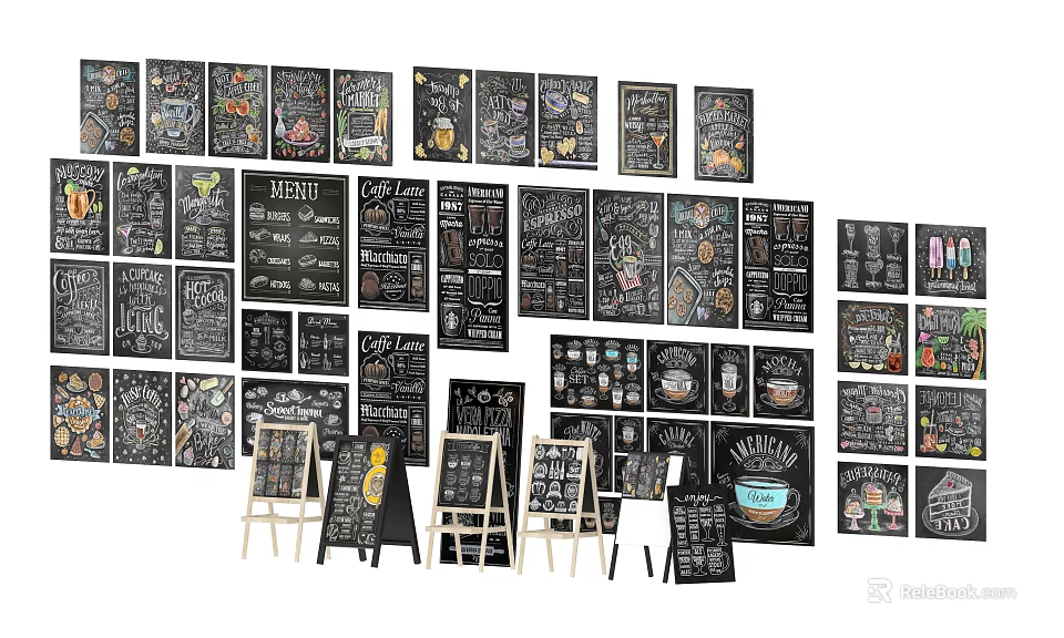 Chalkboard Menu Board Wall Hangings With Various Sizes Designs And Easel Display For Café Decor 3d model 