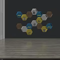 Hexagonal Wall Cabinets With Blue Yellow White Wooden Design And Plants Books On Grey Wall