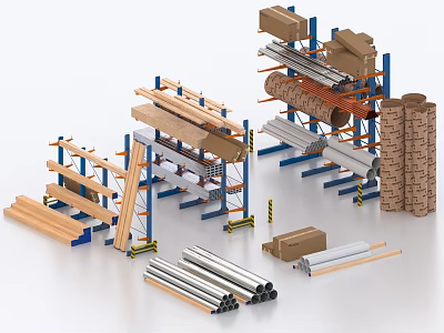 Efficient Industrial Equipment Storage Solutions with Metal Pipes Wooden Boards and Shelving Units 3d model