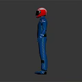Racing Driver Wearing Blue Suit Red White Helmet Yellow Shoes And Blue Gloves Standing