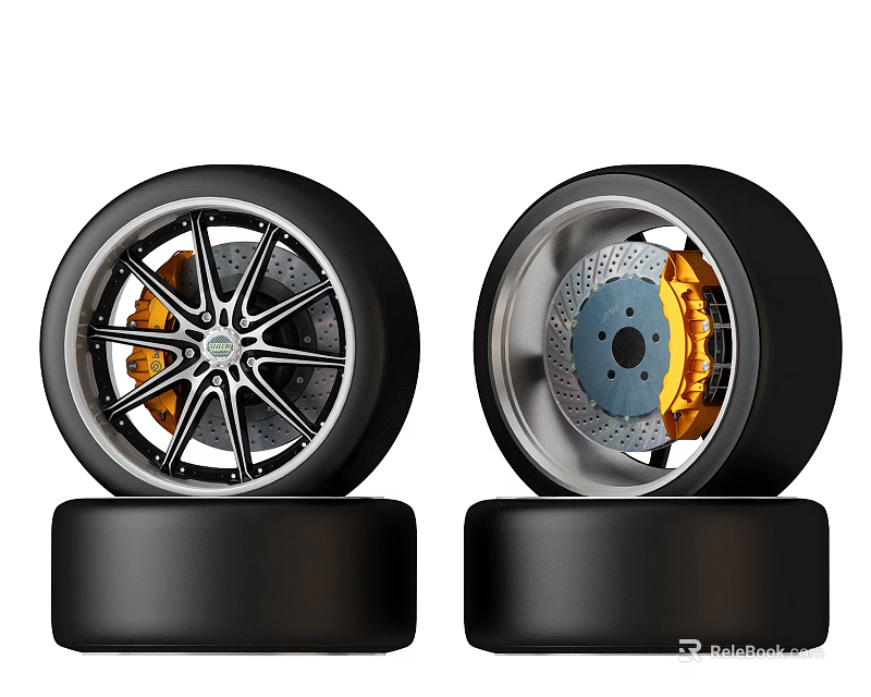 High Performance Tire Display With Alloy Wheel Rim Gold Brake Calipers And Silver Disc Rotors 3d model 