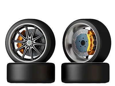 High Performance Tire Display With Alloy Wheel Rim Gold Brake Calipers And Silver Disc Rotors 3d model
