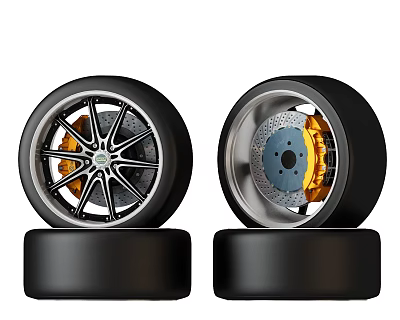 High Performance Tire Display With Alloy Wheel Rim Gold Brake Calipers And Silver Disc Rotors 3d model
