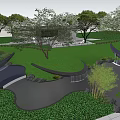 Serene Garden Landscape With Pond Lily Pads Waterfalls Trees And Modern Building
