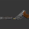 Metallic Pistol Weapon with Multiple Magazines and Metal Parts Displayed on Black Surface