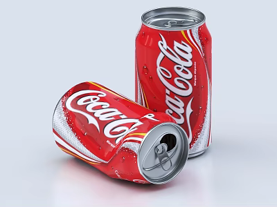 Red Coca Cola Soft Drink Cans With Water Droplets One Standing One Tilted 3d model