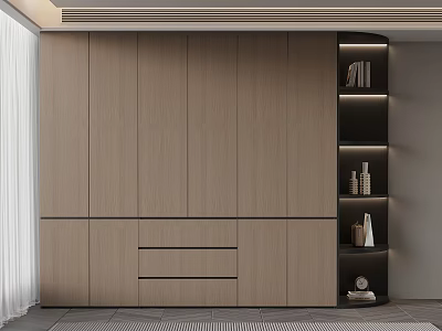 Modern Wooden Wardrobe Interior Design With Drawers And LED Lit Side Bookshelves 3d model
