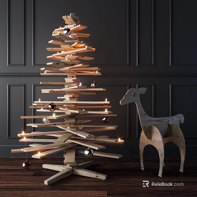 Festive Wooden Stacked Christmas Tree And Deer Figurine Decorative Ornament Set With Candles And Balls 3d model 