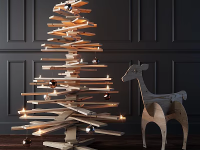 Festive Wooden Stacked Christmas Tree And Deer Figurine Decorative Ornament Set With Candles And Balls 3d model