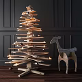Festive Wooden Stacked Christmas Tree And Deer Figurine Decorative Ornament Set With Candles And Balls