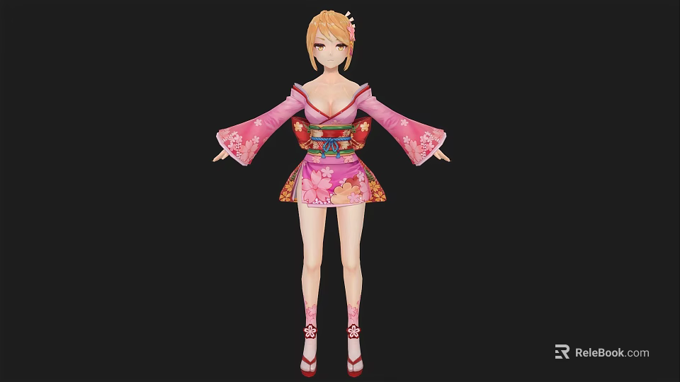 Woman In Pink Kimono Style Outfit With Blue Sash Orange Hair Red Heels 3d model 