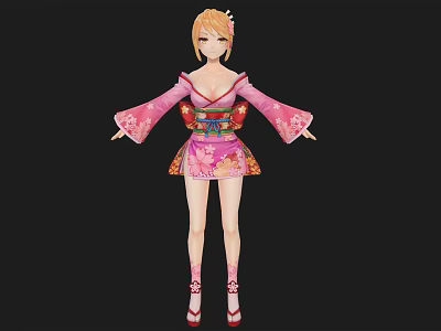 Woman In Pink Kimono Style Outfit With Blue Sash Orange Hair Red Heels 3d model