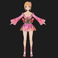 Woman In Pink Kimono Style Outfit With Blue Sash Orange Hair Red Heels
