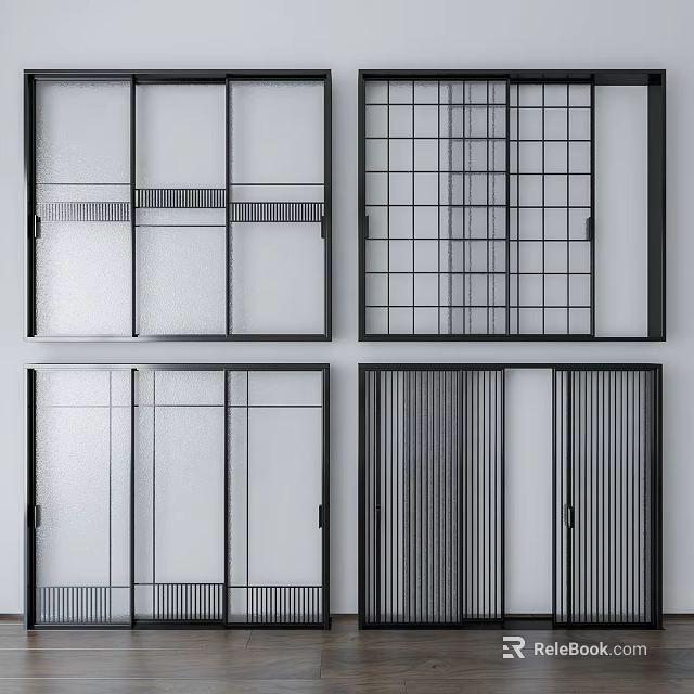 Modern Interior Sliding Doors Design With Glass Panels Grid Patterns And Vertical Slats 3d model
