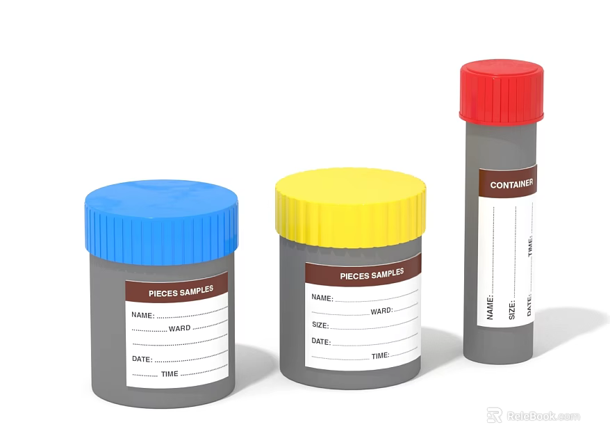 Medical Device Sample Containers with Blue Yellow Red Lids for Feces Samples and Labels 3d model 