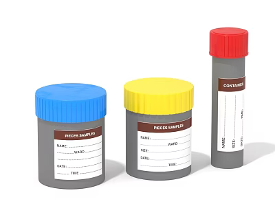 Medical Device Sample Containers with Blue Yellow Red Lids for Feces Samples and Labels 3d model