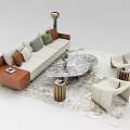 Modern Sofa and Coffee Table Set With Marble Top Pillows Armchairs on Patterned Rug 3d model