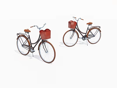 Two Classic Bicycles With Red Baskets Brown Seats And Black Frames On White Background 3d model